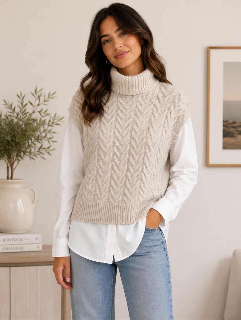 💥💙 Sincerely Jules - Cable Knit Turtleneck Sweater Vest - Light Beige